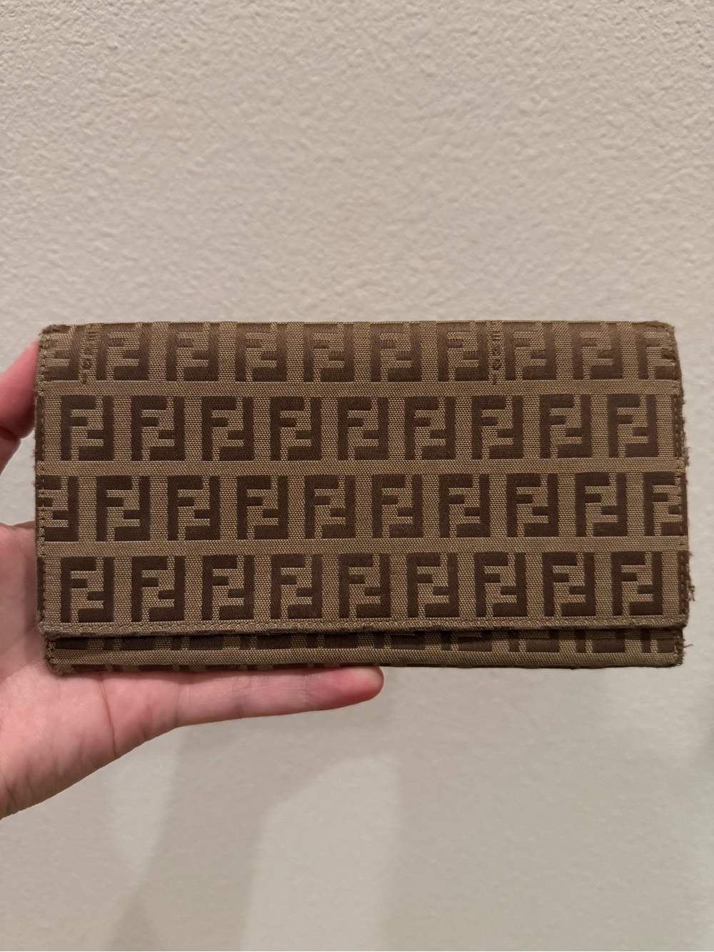 Vintage Fendi Brown Zucchino FF Monogram Folded Canvas and Leather Wallet